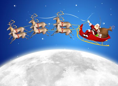Santa in his deer sled around the moon