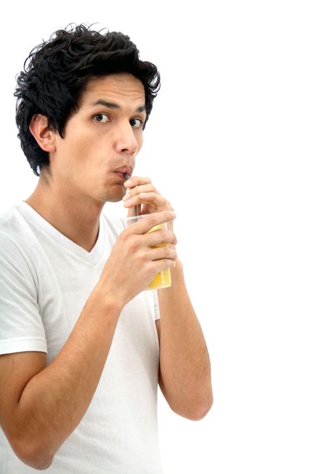Man drinking a juice with a straw isolated over a white background