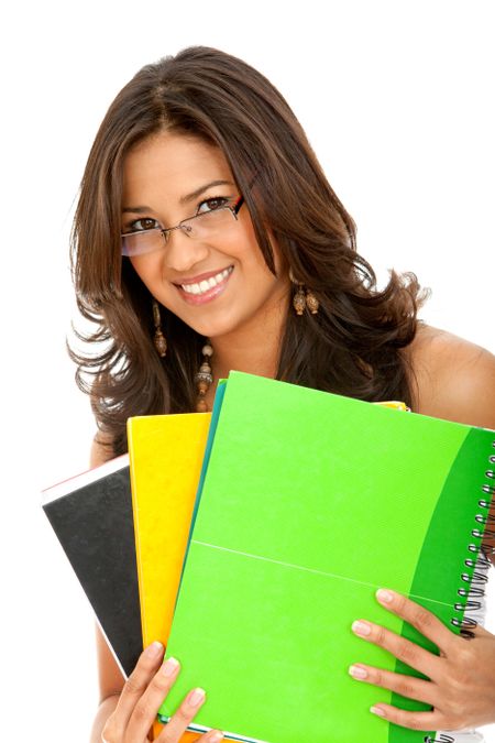 Beautiful female student with notebooks isolated over a white background