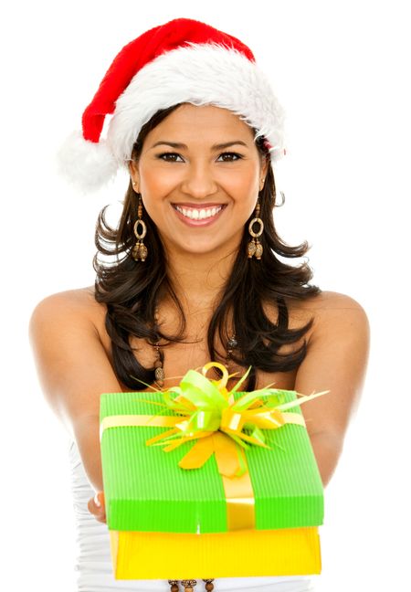 Santa woman giving a gift isolated over a white background