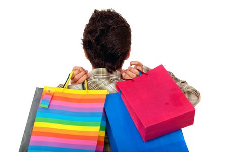 Man back with shopping bags isolated over a white background