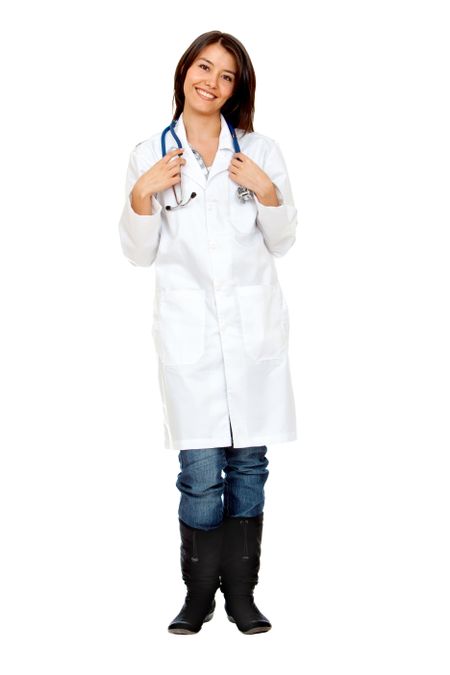 Female doctor smiling with stethoscope isolated over a white background