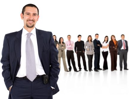 Businessman with her teamwork behind standing isolated on white