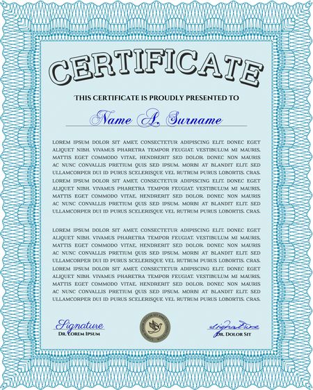 Diploma or certificate template. Vector illustration. Lovely design. With complex background. Light blue color.