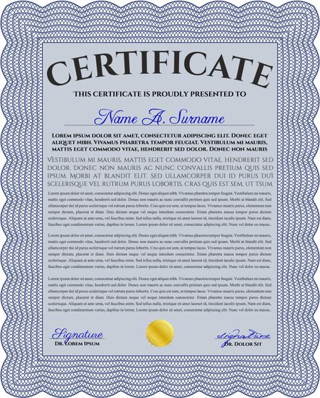 Blue Certificate template. Easy to print. Customizable, Easy to edit and change colors. Nice design. 