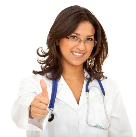 Female doctor with thumbs up isolated over a white background