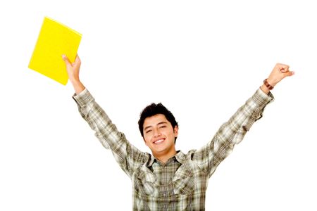 Cheerful student with arms up isolated on white