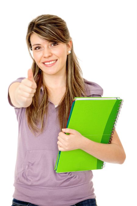 Female student with thumbs up isolated over a white background