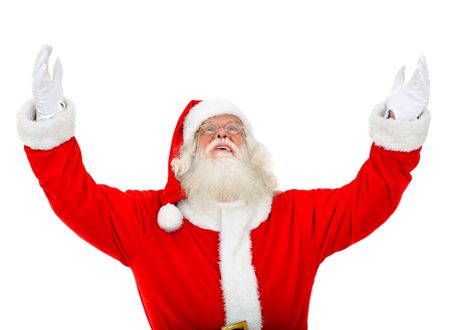 Santa Claus with open arms and looking up isolated on white
