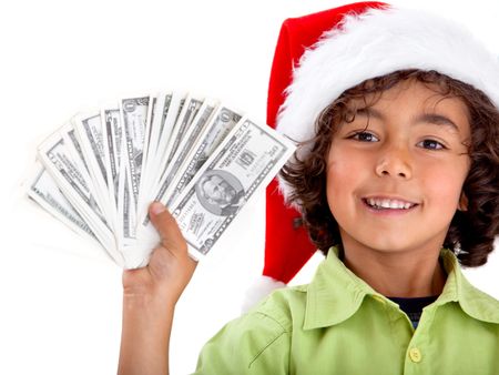 Christmas boy with money isolated over a white background