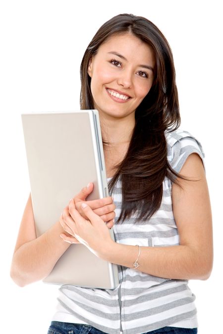 Beautiful happy girl with a laptop isolated on white