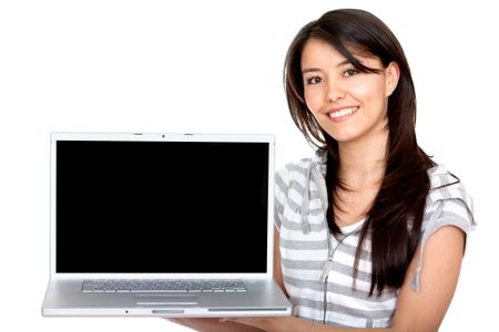 Beautiful happy girl with a laptop isolated on white