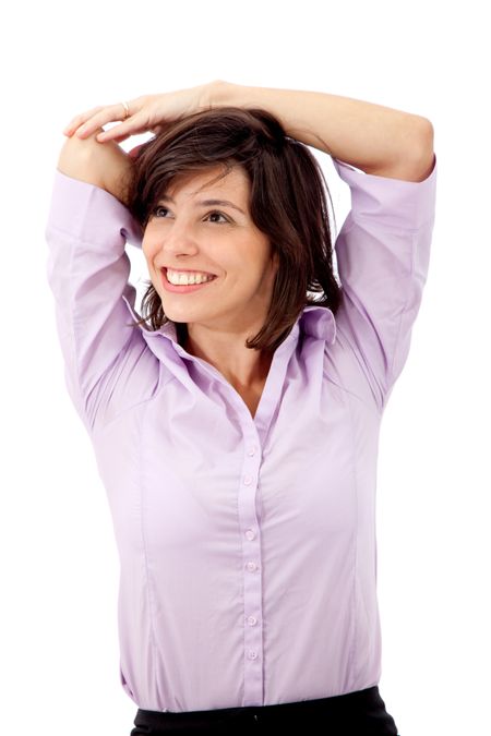 Business woman stretching isolated over a white background