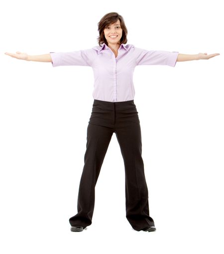 business woman with opened arms isolated over a white background