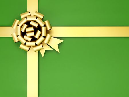 Christmas present wrapped in green with a gold ribbon