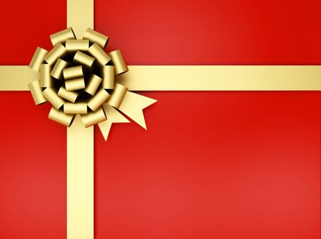 Christmas present wrapped in red with a gold ribbon