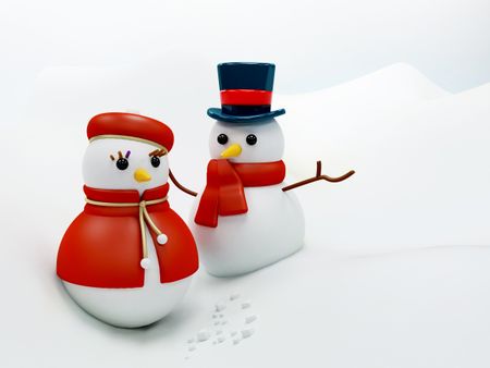 Christmassy snow man and woman over white