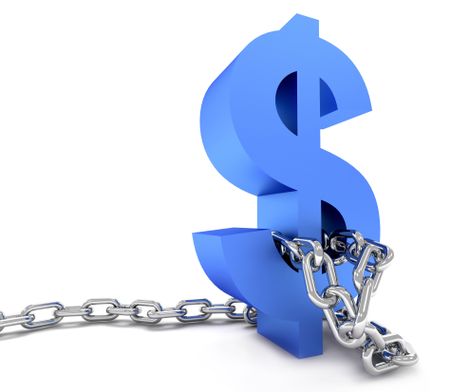 Blue dollar symbol in chains isolated over a white background