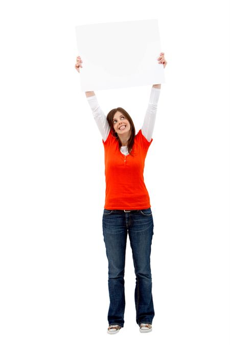 Happy girl holding a banner isolated on white