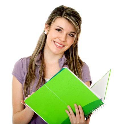 Beautiful student with a notebook isolated on white