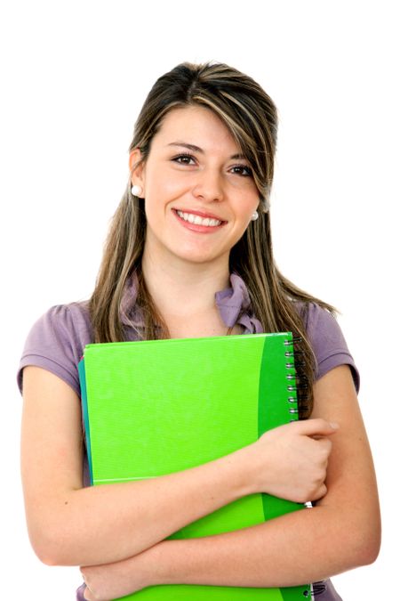 Beautiful happy student with a notebook isolated on white