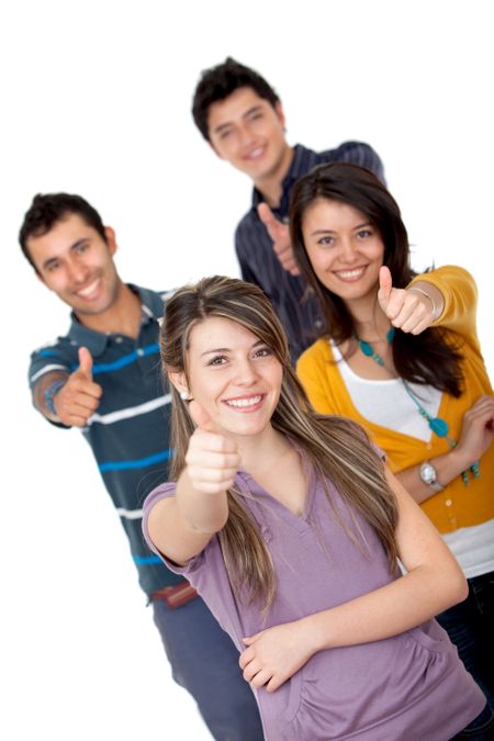 Group of friends with thumbs up isolated over a white background