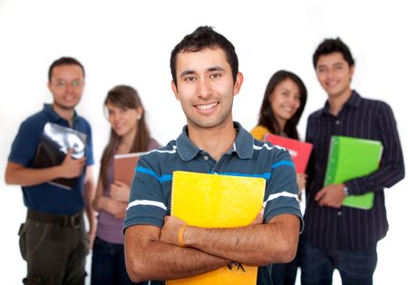 Male student with a group behind isolated over a white background