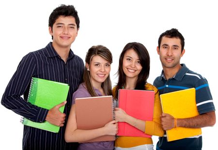 Group of students with notebooks isolated over a white background