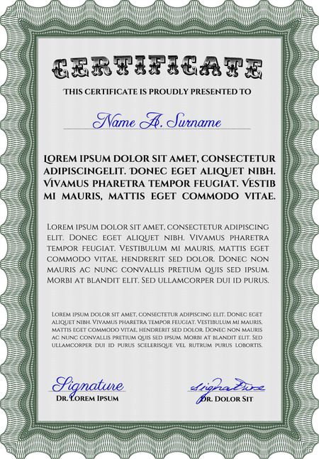 Green Certificate or diploma template. Good design. Border, frame. With background. 