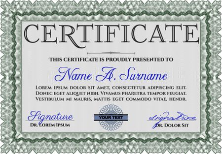 Certificate. Detailed. Printer friendly. Complex design. Green color.