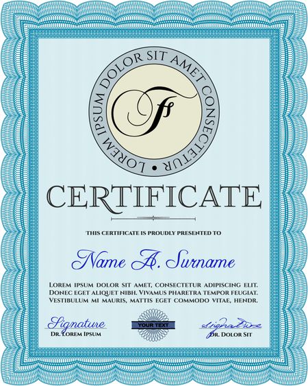 Light blue Certificate or diploma template. Cordial design. Easy to print. Customizable, Easy to edit and change colors. 