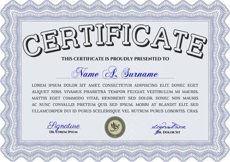 Certificate. Printer friendly. Detailed. Complex design. Blue color.