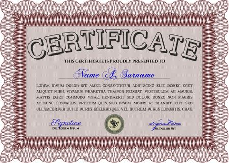 Red Diploma or certificate template. With complex background. Lovely design. Vector illustration. 