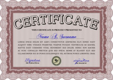 Red Diploma or certificate template. With complex background. Lovely design. Vector illustration.