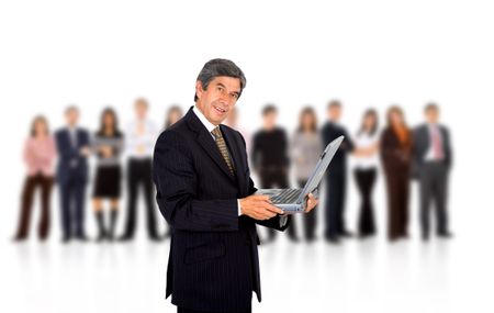 Business man with a group and a laptop isolated over white
