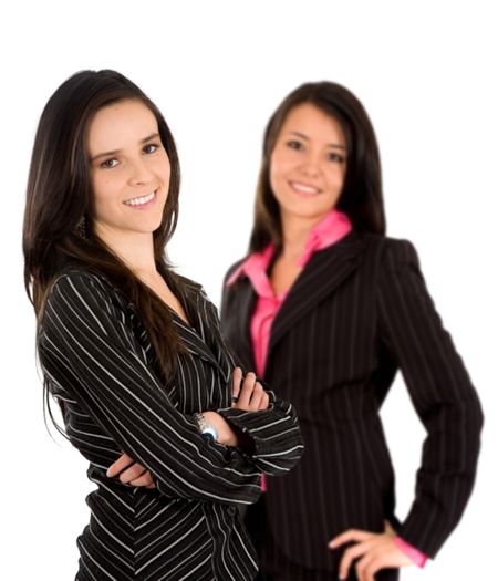 Business team smiling isolated over a white background