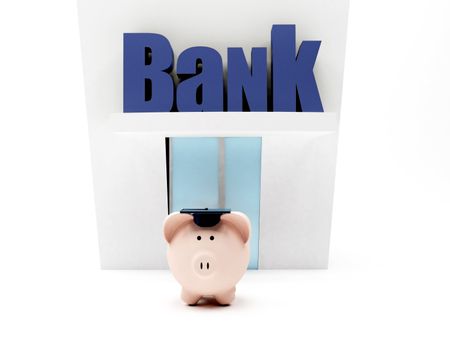 Graduated piggybank waiting to enter the bank isolated over a white background