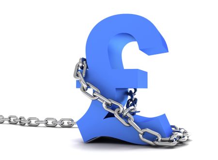 Blue pound symbol in chains isolated over a white background