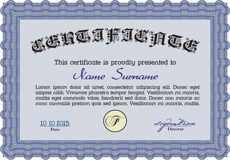 Blue Certificate. Complex design. Detailed. Printer friendly. 