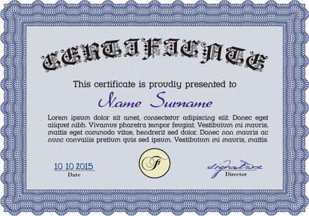 Blue Certificate. Complex design. Detailed. Printer friendly.