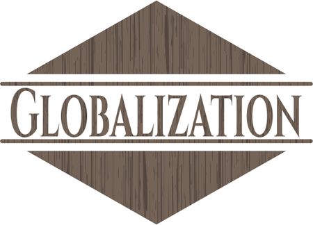 Globalization badge with wood background