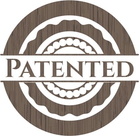 Patented badge with wood background