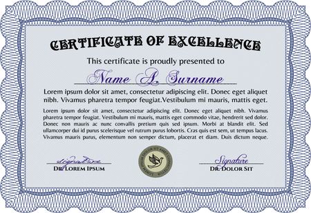 Diploma template. Border, frame. Excellent design. With background. Blue color.