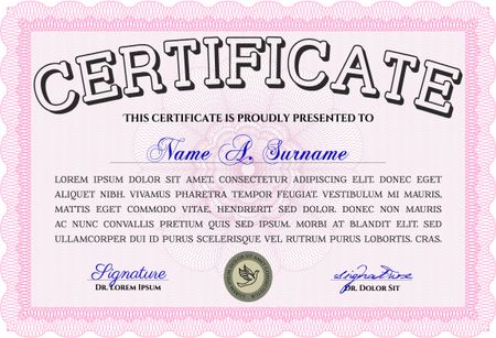 Certificate template or diploma template. Complex background. Vector pattern that is used in currency and diplomas.Beauty design. Pink color.