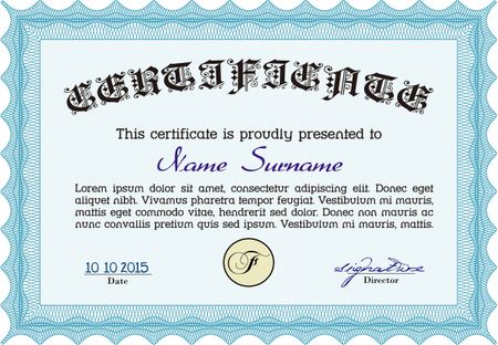 Diploma template or certificate template. With quality background. Vector pattern that is used in money and certificate. Artistry design. Light blue color.