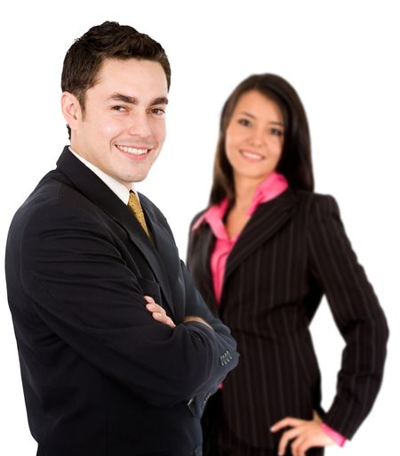 Business couple smiling isolated over a white background