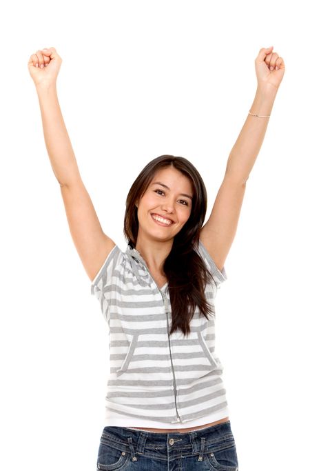 Beautiful happy girl with arms up isolated on white