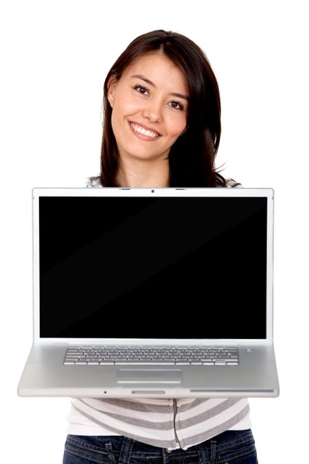 Beautiful woman with a laptop isolated on white