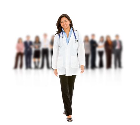 Female doctor with a group isolated over a white background