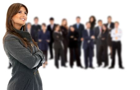 Pensive business woman with a group isolated over a white background